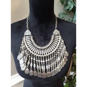 Women's Boho Statement Coin Bib Necklace Antique Silver Lobster Clasp Tribal‎